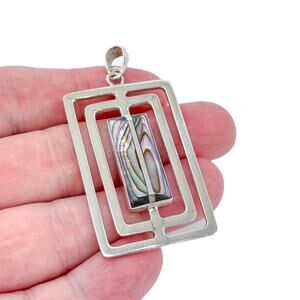 Vintage Sterling Silver 950 Rectangle Abalone Open Work Pendant